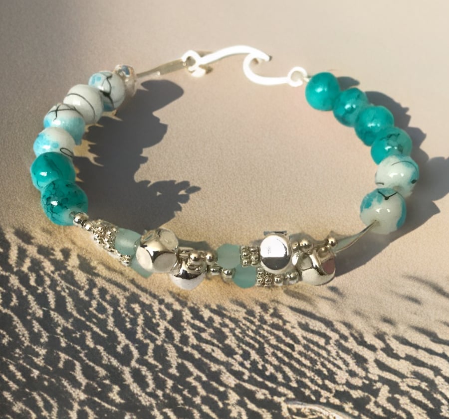 Boho Silver Bangle Bracelet - Turquoise & Silver Beads