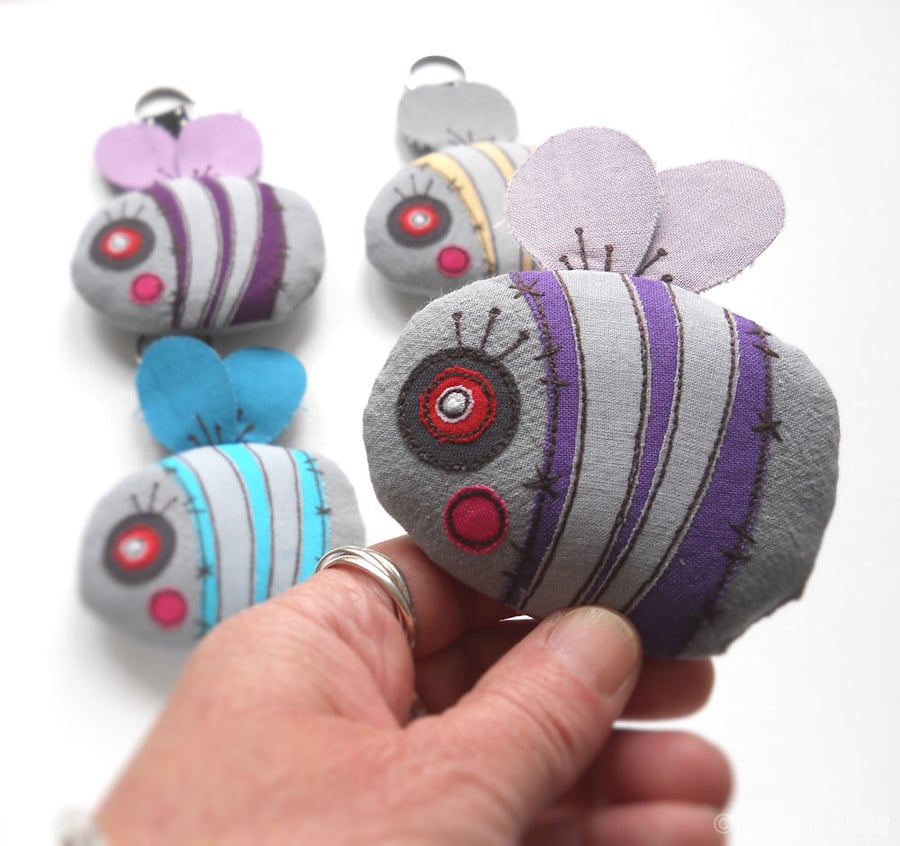 freehand embroidered zombie bumble bee keyring bag charm - purple