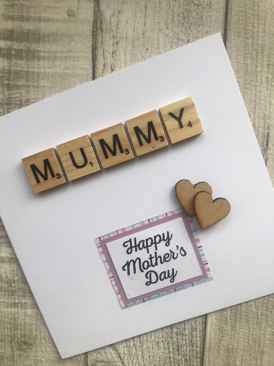 Personalised Handmade Mother's Day Card with scrabble tiles and stamped greeting