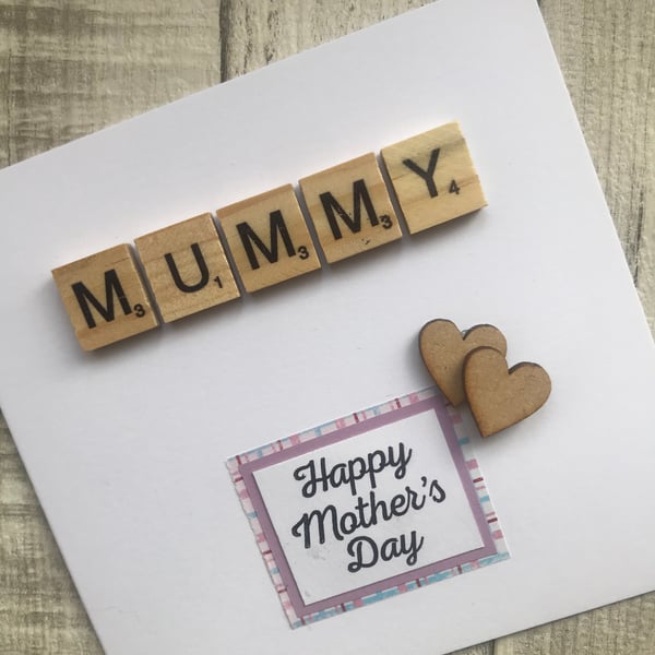 Personalised Handmade Mother's Day Card with scrabble tiles and stamped greeting