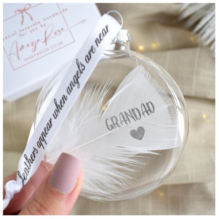 Grandad Memorial Round Feather Bauble, In Memory of Grandad, Round Glass Christm