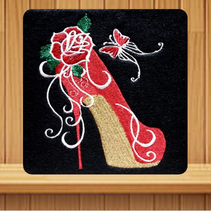 Handmade red high heeled shoe embroidered design card