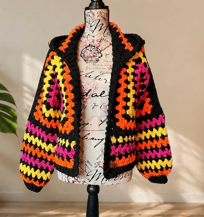 Oversized Hood Crochet Cropped Jacket Size M (12-14) 