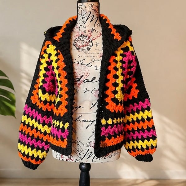Oversized Hood Crochet Cropped Jacket Size M (12-14) 