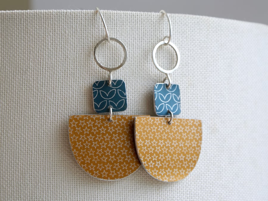 Statement dangle earrings navy and mustard