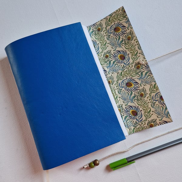 Blue Peacock Feather Leather Journal, A5 size, Bird Lover Gift