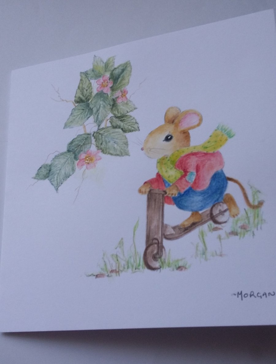 HAND PAINTED WATER COLOUR CARD WITH A MOUSE ON A SCOOTER