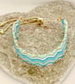 Blue, White and Gold Zig Zag Wave Bead Woven Slider Bracelet - Image 2