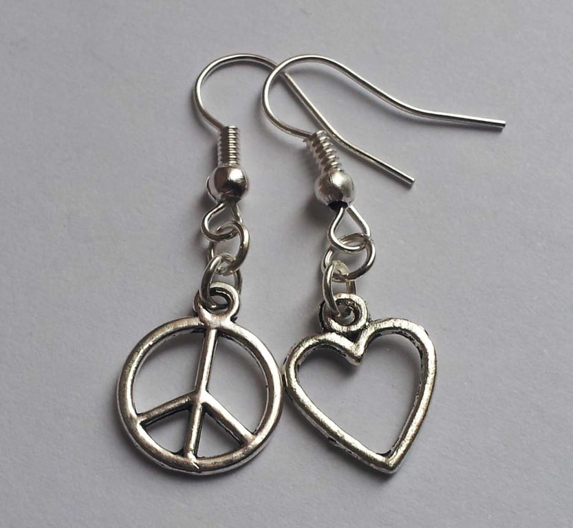 Peace Sign Love Heart Asymmetrical Mismatched Charm Silver Plate Retro Earrings