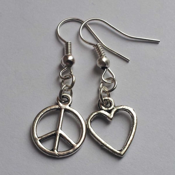 Peace Sign Love Heart Asymmetrical Mismatched Charm Silver Plate Retro Earrings