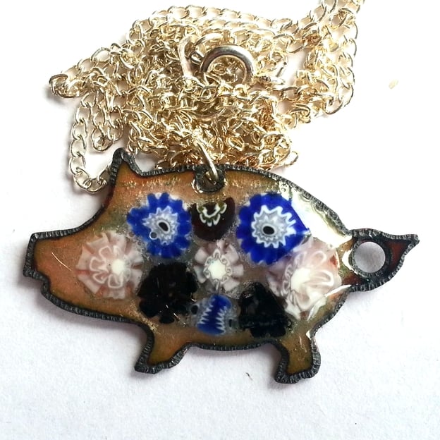 pendant - pig: millefiore pattern on clear enamel