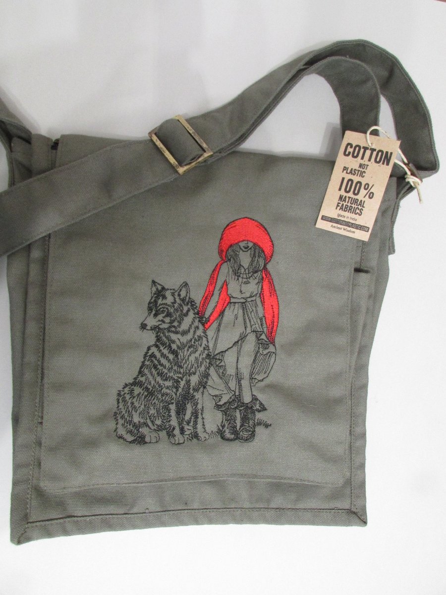 Embroidered Urban Red Riding Hood Design Eco Cotton Canvas Bag