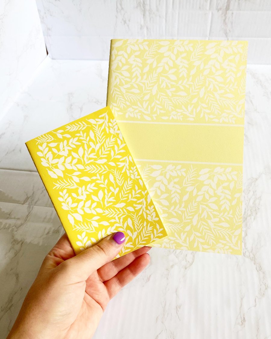 Sunshine Yellow Two Pack Notebooks, Handprinted Botanical Leaf Print 