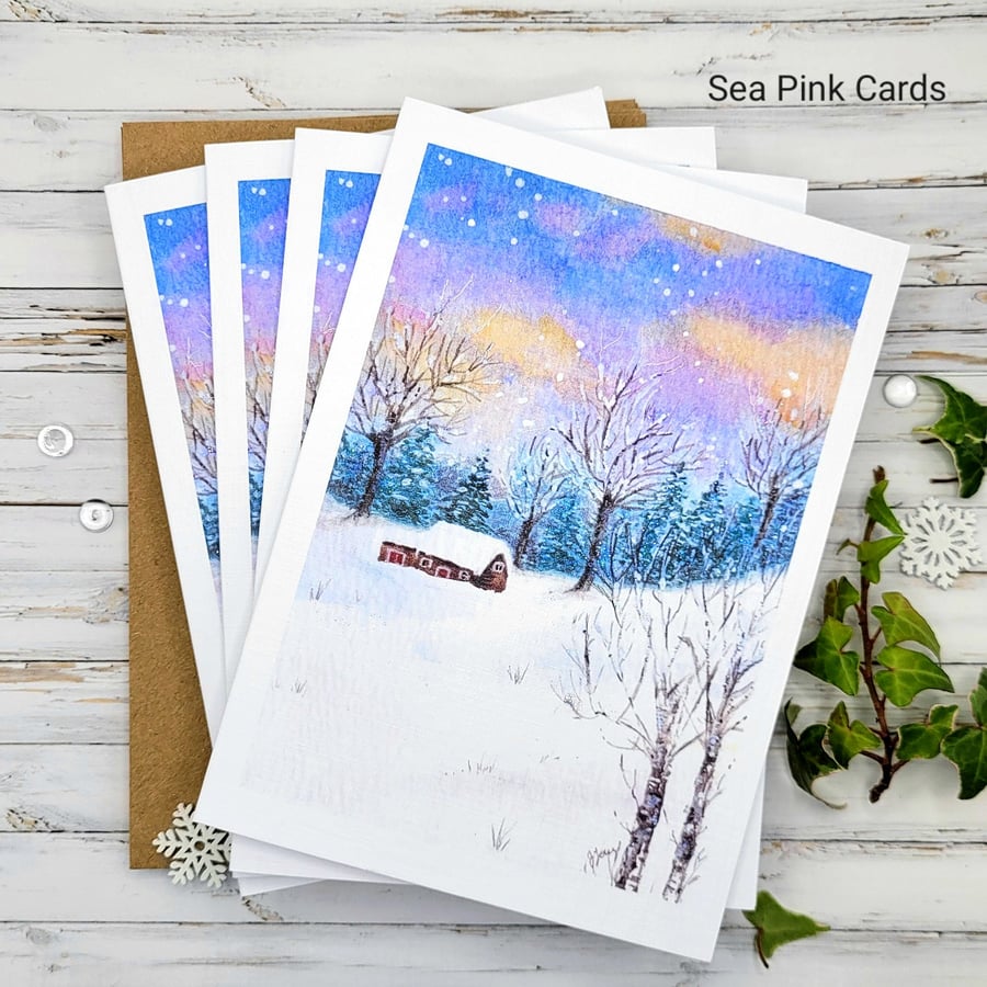 Christmas Cards - set of 4 cards - snow scene, cottage, fir and pine trees