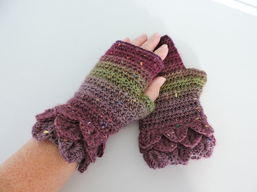 Fingerless Mitts with Fancy Cuffs Heather, Aubergine and Sage