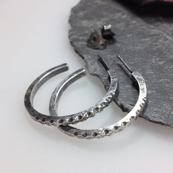 silver large carved hoop stud earrings