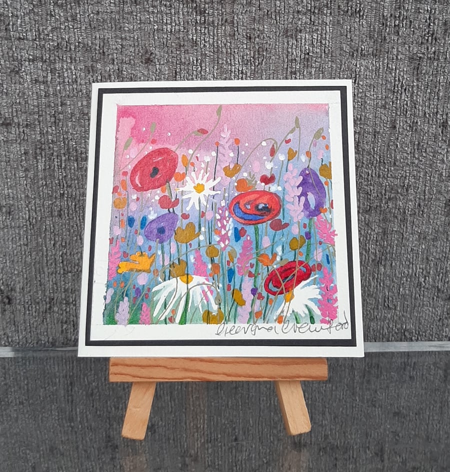 Mini Handpainted Blank Card. Letterbox Gift Red Flowers