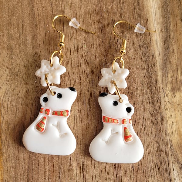 Polymer Clay Christmas Polar Bear with Snowflake Earrings, 316 Stainless Steel 