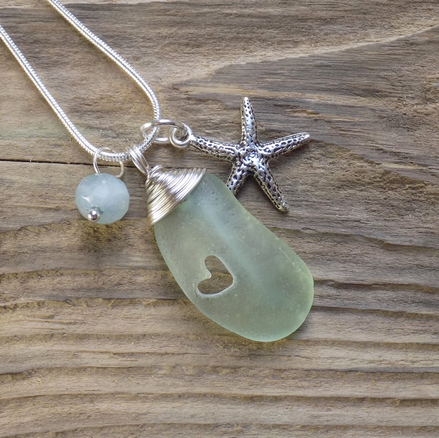 Natural sea glass heart pendant with starfish charm