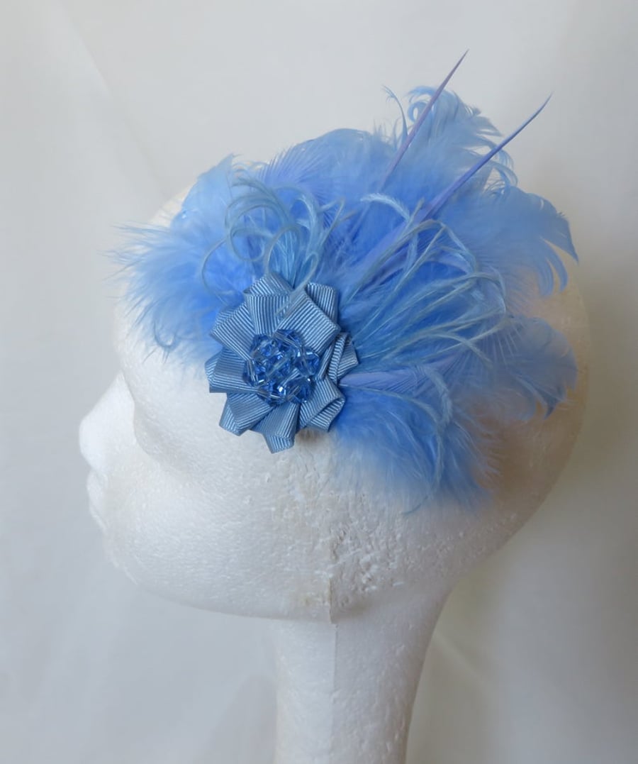 Small Sky Pale Periwinkle Blue Feather & Crystal Vintage Style Hair Clip 
