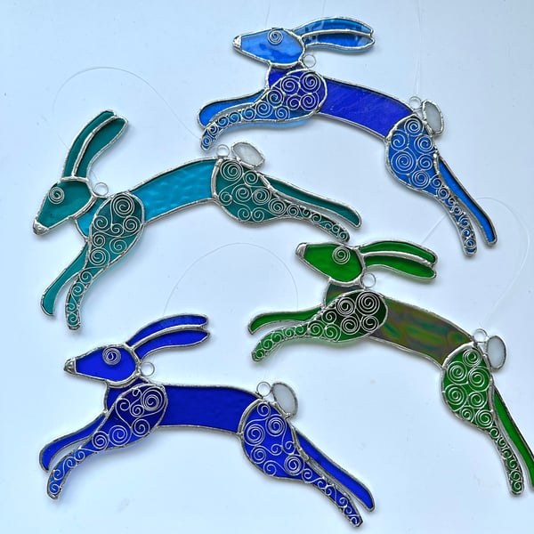 Stained Glass Leaping Hare Suncatchers - Handmade Hanging Decoration - Multi Red