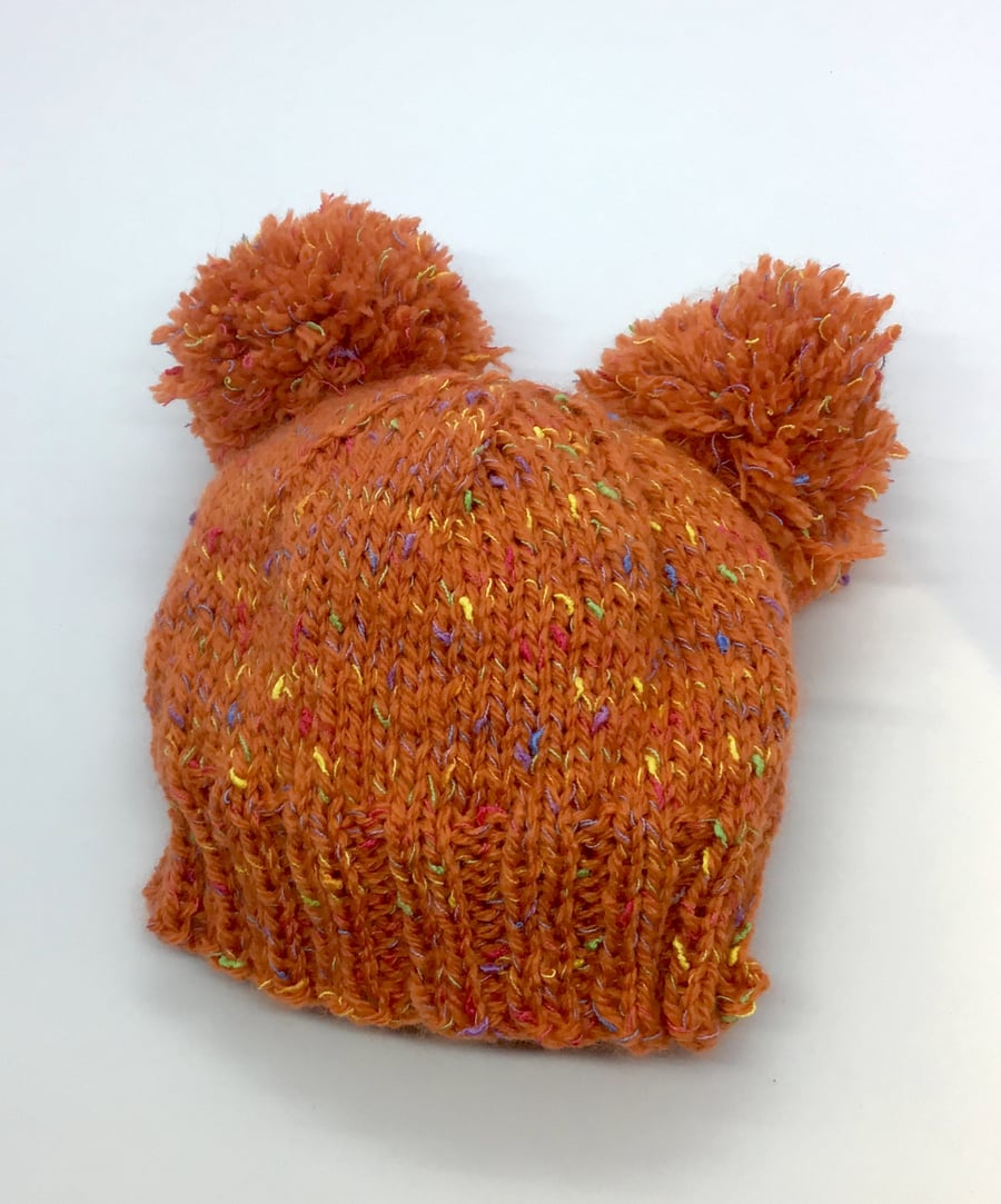 Double Pom Pom Hat Orange with coloured flecks