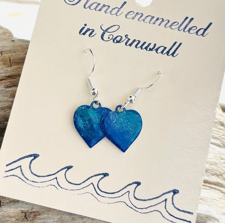 Enamelled sea heart earrings on sterling silver ear hooks 