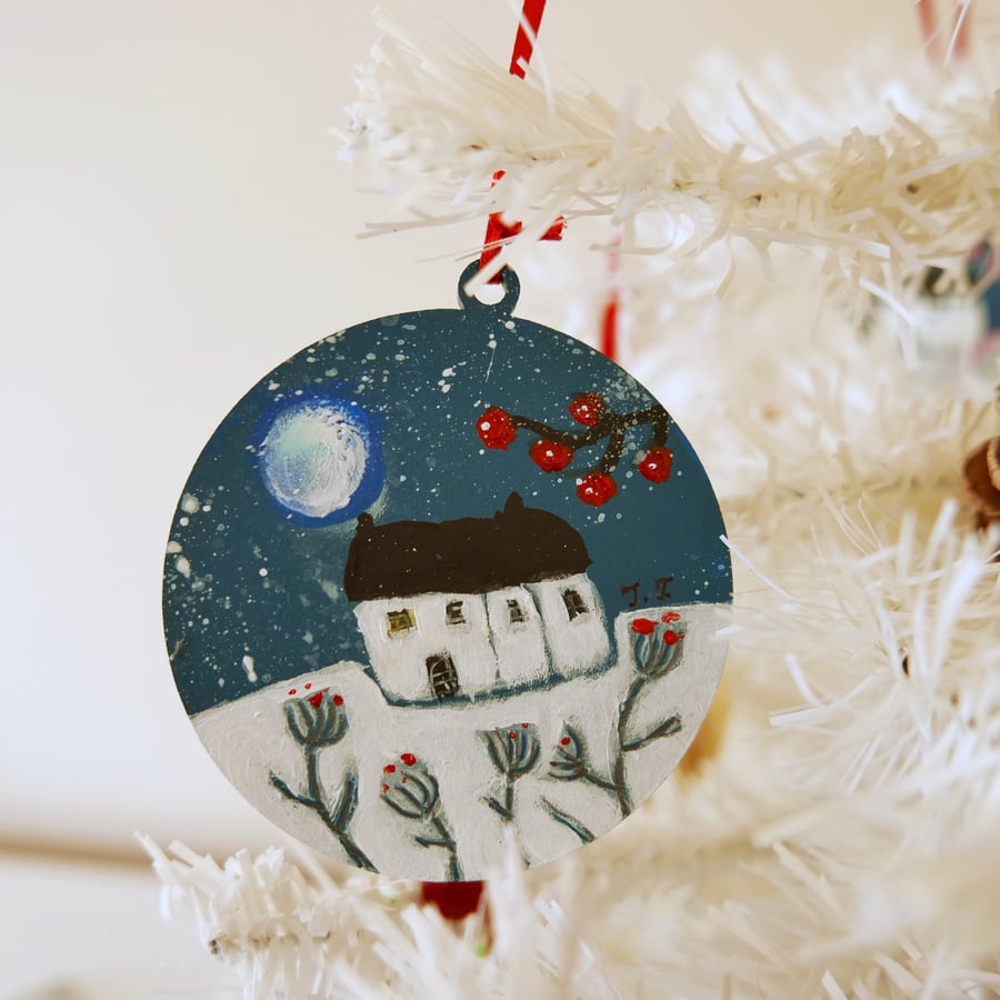 Blue Hanging Tree Bauble, Art Christmas Decoration, Winter Landscape Bauble 