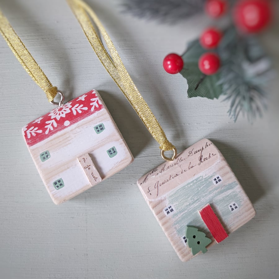 Set of 2 Painted Christmas House Hanging Decorations