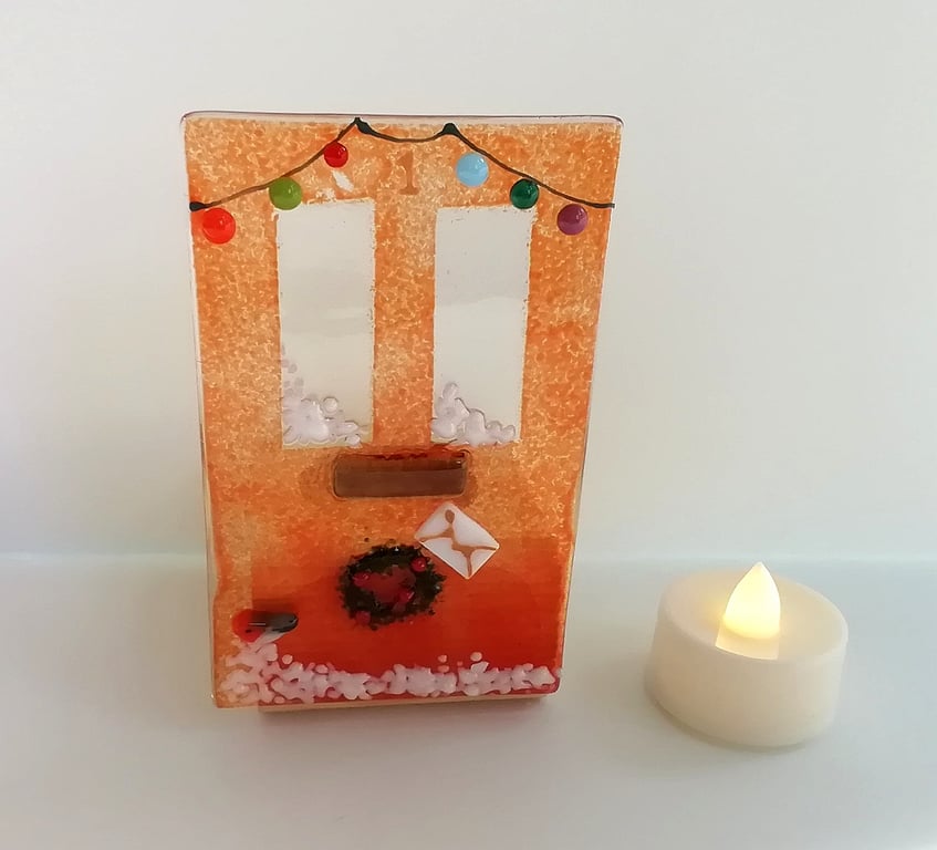 Xmas tea light holder, Christmas front door candle, festive gift, fused glass. 