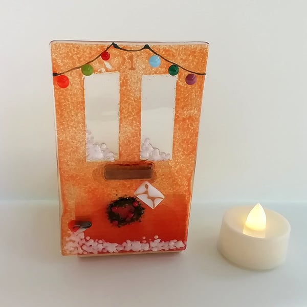 Xmas tea light holder, Christmas front door candle, festive gift, fused glass. 