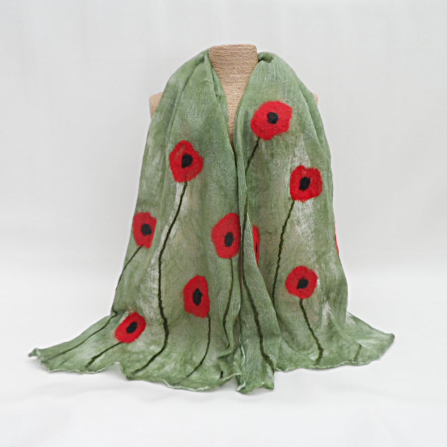 Handmade nuno felted silk scarf, green with poppy decoration