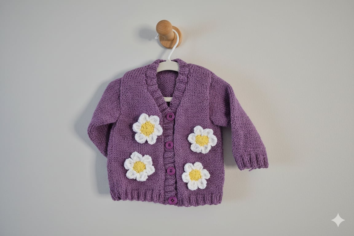 Handmade sugar plum knitted baby cardigan, 6m to 12m, 