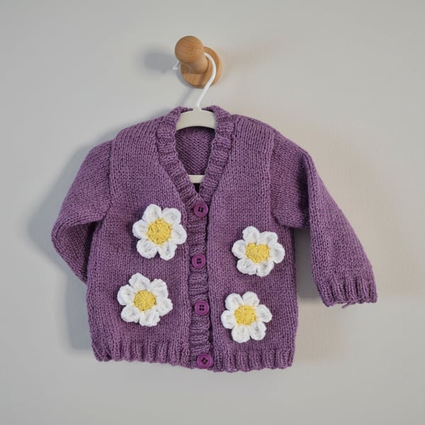 Handmade sugar plum knitted baby cardigan, 6m to 12m, 