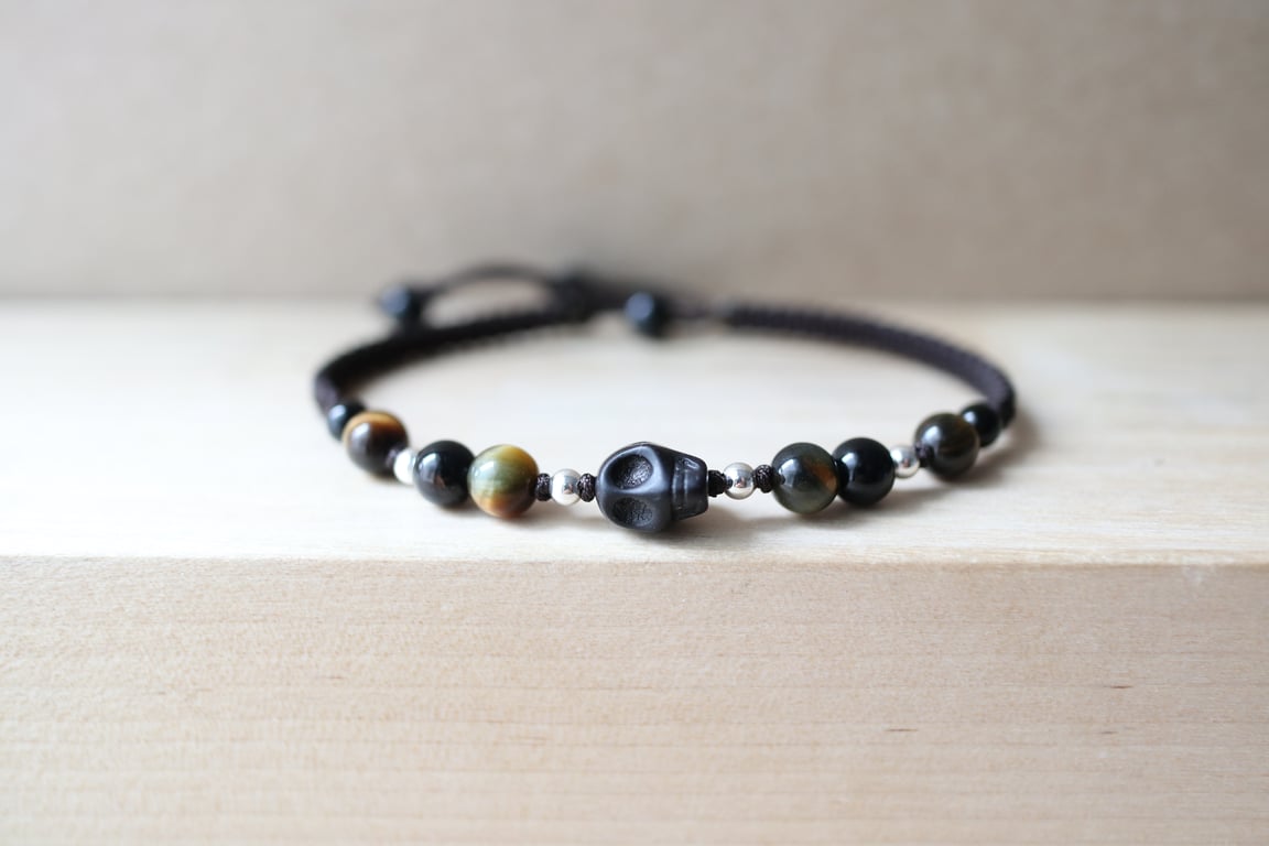 Upcycled black stone skull bead - tiger eye beaded adjustable bracelet - Gifts