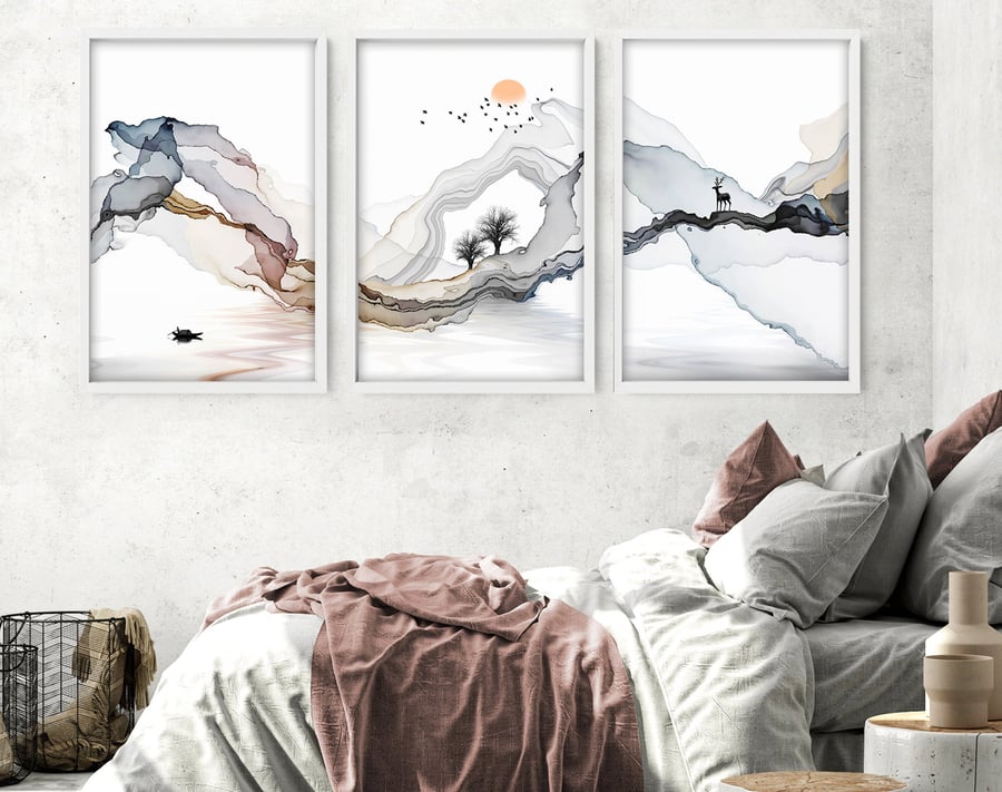 Home Decor wall art, Watercolor Minimal Landscape Mountain Set of 3 Prints, Abov