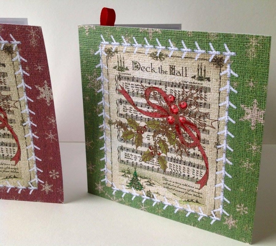 Christmas Card Pk of 5,'Vintage Deck The Halls',Handmade Xmas Cards