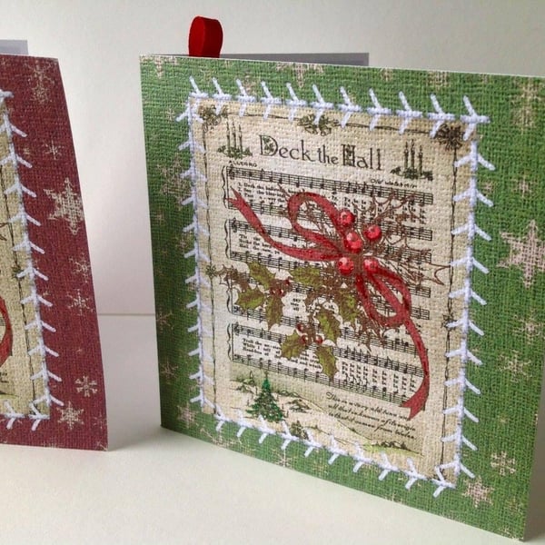 Christmas Card Pk of 5,'Vintage Deck The Halls',Handmade Xmas Cards
