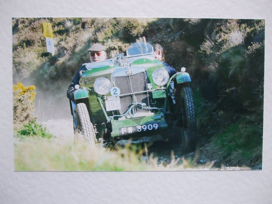 Photographic greetings card of an MG J2 on the Land's End Trial 