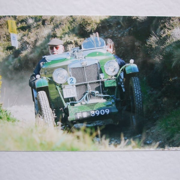 Photographic greetings card of an MG J2 on the Land's End Trial 
