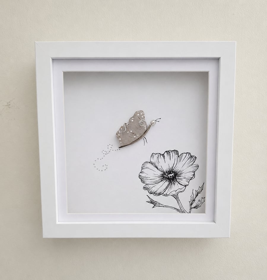 Handmade Sea Glass Butterfly Wall Art - Botanical Decor - Framed