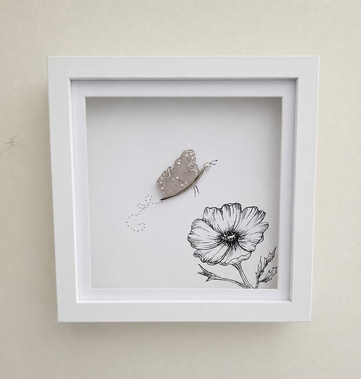 Handmade Sea Glass Butterfly Wall Art - Botanical Decor - Framed
