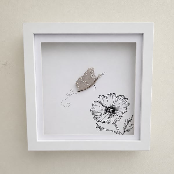 Handmade Sea Glass Butterfly Wall Art - Botanical Decor - Framed