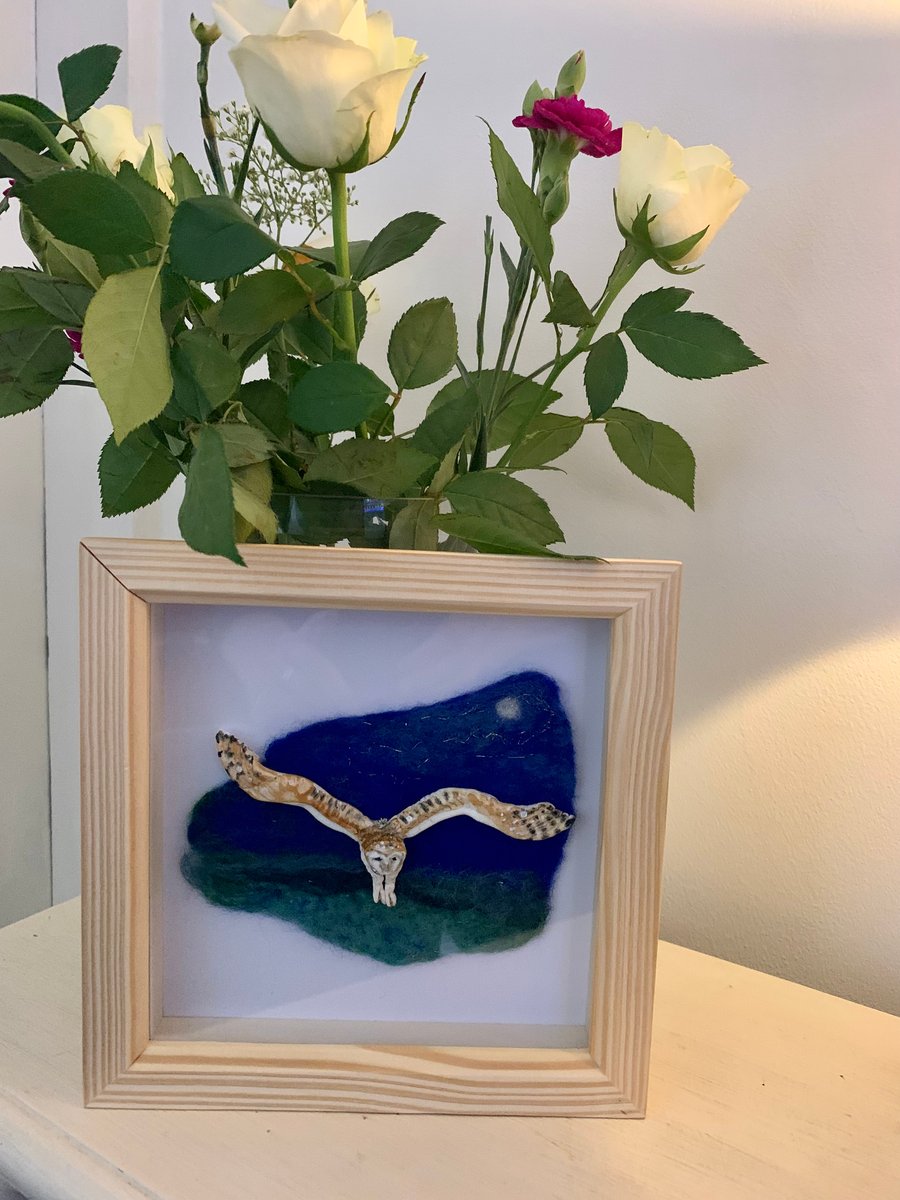 Swooping barn owl hand sculpted and felted landscape framed in shadow box