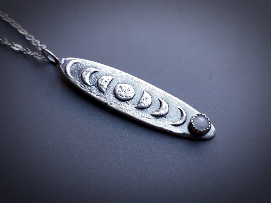 Moon Phases Silver Pendant with Moonstone