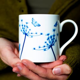 Fine bone china blue & white Cow Parsley & butterflies mug, Mothers Day gift
