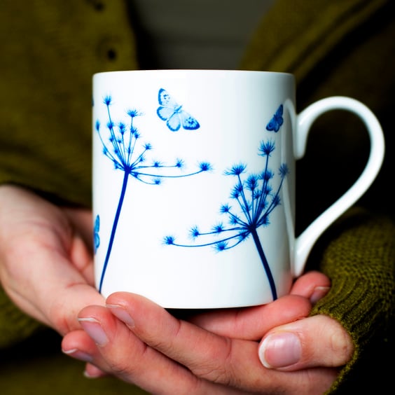 Fine china mug, blue & white Cow Parsley & butterflies, Coffee mug,