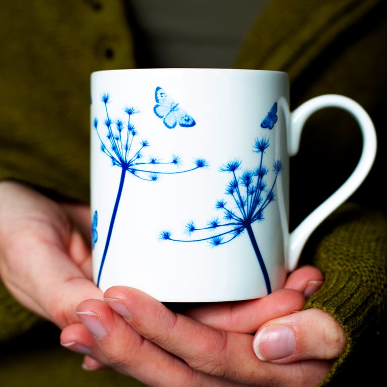 Fine china mug, blue & white Cow Parsley & butterflies, Coffee mug,