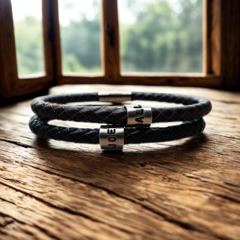 Personalised Leather Bracelet with One Hand Stamped Ring - Free Delivery