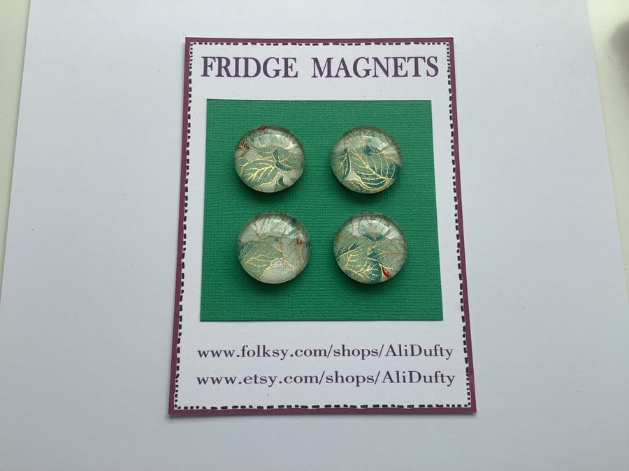 FRIDGE MAGNETS ( set of 4 ) Yuzen . Floral. Glass . Green . Leaves. 